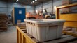 © Bussakon - A storage bin sits on a rack in a bustling warehouse with a forklift and container in the background
