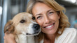 © Nataliya - Smiling woman finding forever home for dog at shelter, pet adoption moment, animal rescue bonding, family expansion visualization, compassionate caregiving, with copy space