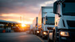 © Kateryna - Semi-trailer trucks in parking lot at sunset, delivery trucks for cargo shipping operations visible, lorry vehicles for industry freight logistics concept, transport trucks at rest