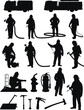 © MstMonowara - Firefighter silhouette set, fire rescue equipment icons, emergency response crew, fire truck tools collection, safety profession vector illustration, design, artwork