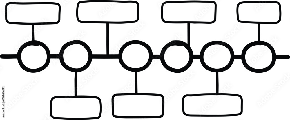 Hand drawn black line art timeline with seven connected circle nodes ...