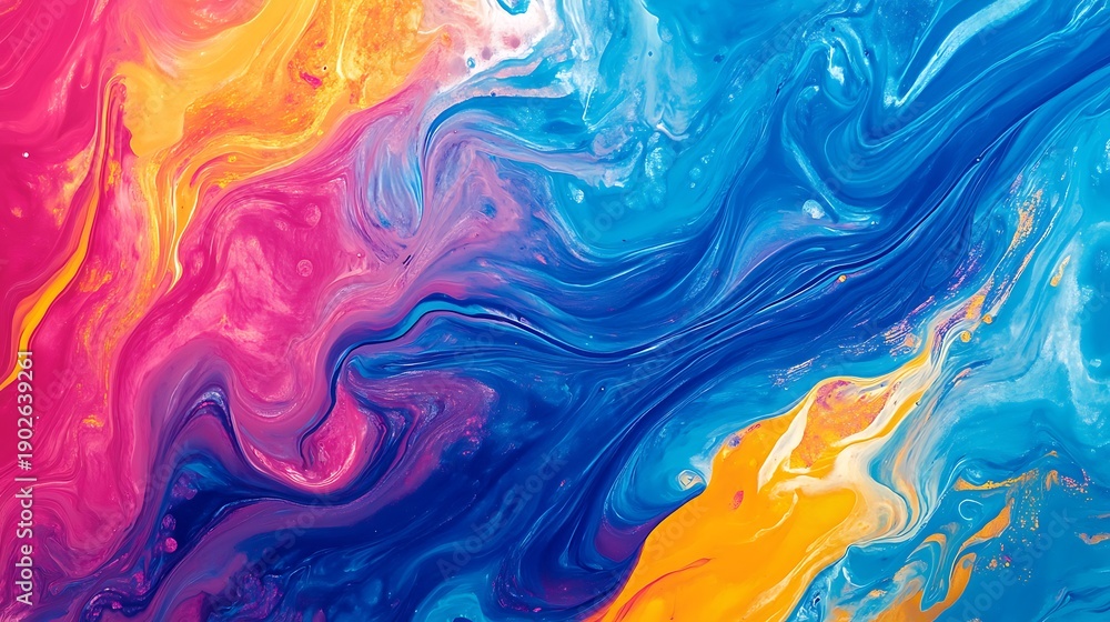 A vibrant and colorful abstract painting with swirling patterns of blue ...