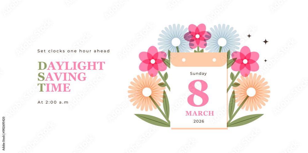 Spring Forward concept 2026 banner. Daylight Saving Time Starts ...