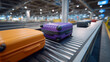 © Maksym - Close-up of suitcases gliding along a high-tech baggage conveyor belt, textured luggage surfaces, rubberized conveyor details, shallow depth of field, precise motion, airport logis