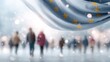 © JuliaDorian - European Union flag gracefully waving in the foreground, with blurred figures of people walking in a wintery atmosphere, symbolizing unity and diversity