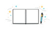 © Марія Томилович - copy space note. A notebook with one open blank page, a pen placed beside it, subtle floating stars and motion lines around the scene,