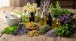 © MMerellinn - Aromatic herbal essences, fresh plants and oils are gathered on a wooden surface, including lavender, mint, chamomile flowers, rosemary, and dried thyme,