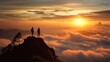 © satisfied - Silhouette of two people on a mountain peak at sunset.