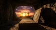 © velikiyzayats - Empty tomb of Jesus Christ with three crosses on a hill at sunset. Resurrection of Jesus Christ on Easter Sunday. Christian religious background with stone rolled away and light of hope.
