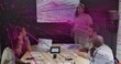 © vectorfusionart - Leading woman in pink top addressing team around wooden table in conference room, copy space