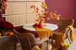 © Pixel-Shot - Interior of living room with wicker armchairs, table and autumn decor, closeup