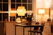 © Pixel-Shot - Interior of kitchen with counters, dining table and glowing lamps at night