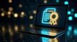 © solom - digital certificate and online diploma concept with glowing neon award ribbon icon on laptop screen for professional qualification verification and web based education achievement
