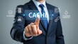 © CrazyJuke - Financial Information Interaction: A professional, exuding authority, interacts with a virtual interface displaying the word cache, symbolizing data storage and digital interaction