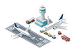 © Isometric - Airplanes on the runway with control tower and airport vehicles in action from an aerial viewpoint