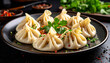 © Sunisadonphimai - Ultra realistic khinkali dumplings with herbs and spices, gourmet food photography.