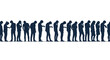 © AMAZING VECTORS  - Silhouette of a diverse group of people standing in a line, all looking down intently at unseen devices in their hands or contemplating deeply with bowed heads.
