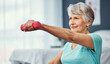 © peopleimages.com - Dumbbells, fitness or senior woman in clinic, strength practice or routine for muscle healing training. Physical therapy, injury recovery or old person with weights for workout, retirement or health