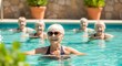 © ArtSync Studio - Senior Women Enjoying Water Aerobics Class in a Swimming Pool Together on Sunny Day