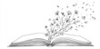 © Mushraf - a simple single line drawing of an open book with flowers and hearts flying out, white background, vector style, flat design, one continuous line art illustration, thick black lines, simple drawing, s