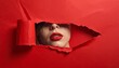 © DreamGrid - Woman’s face partially revealed through torn red paper, focus on lips and mystery, high-contrast studio lighting, minimalist composition, fashion editorial concept, bold color, dramatic mood