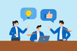 © VZ_Art - Flat illustration of supportive team members encouraging colleague by sharing lightbulb idea through chat bubbles with thumbs up