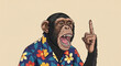 © Thai - Vibrant illustration of a stylish chimpanzee wearing a tropical floral print shirt with its mouth wide open in a scream or shout while pointing one finger up in a clever gesture.