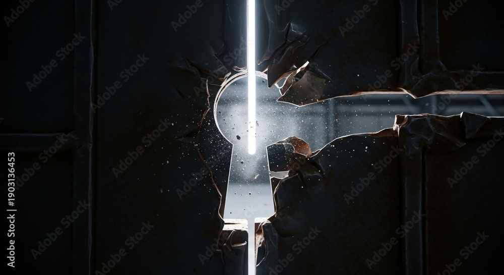 Dramatic light beam shines through broken glass window on dark wall ...
