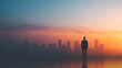 © CStock - A business person stands alone against a stunning urban sunset, symbolizing ambition and solitude in a bustling city.