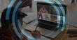 © vectorfusionart - Writing student wearing plaid shirt joining call at home table, using green pencil near laptop HUD