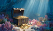 © Selvi - Open wooden treasure chest filled with shiny gold coins resting on colorful coral reef underwater scene