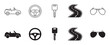 © BraveSpirit - Collection of minimalist road trip icons showing a cabriolet, steering wheel, key, winding road, and sunglasses in two distinct graphic styles, outline and solid