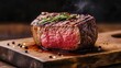 © Anda - sirloin. Close-up of a juicy beef steak on a rustic wooden cutting board, showcasing rich textures and grill marks. menu design.