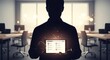 © Dece Std - Dark figure holds tablet with survey, office background