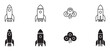 © BraveSpirit - Set of black rocket ship icons in line art and solid glyph styles for startup and technology concepts, including smoke cloud symbols for launch and takeoff illustration