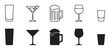© BraveSpirit - Set of black drink glass icons showing various types of glassware for alcoholic beverages in both simple line art and solid silhouette styles for graphic design