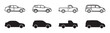 © BraveSpirit - Set of black car vector icons showing different vehicle types like sedan, SUV, pickup truck, and minivan in both line art and solid silhouette styles from a side view