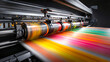 © Anoo - Colored ink flows rapidly across paper as the printing press operates, showcasing a symphony of vibrant hues and industrial efficiency in action