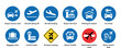 © eclipse - Collection of airport and aviation signs showing pictograms for terminal, takeoff, landing, parking, car rental, baggage claim, and runway crossing information for travelers