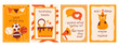 © Coxic25 - Birthday cards set for boys with sports balls balloons, cake with headphones, cool cat in glasses, megaphone. Modern retro flat vector minimalist illustration collection for teenage party, poster