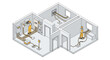 © Bogdan - Isometric vector illustration of electricians wiring a house. Includes electrical panels, junction boxes, and workers in overalls. Ideal for construction, renovation, or electrical service ads.