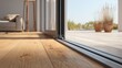 © Pixelzone - Modern sliding glass doors opening to a patio with wooden floor and potted plants