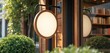 © miss irine - Round wooden shop sign hangs outside building near green bushes and trees. Interior bookshelves visible through window. Space for custom logo.
