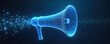© miss irine - Futuristic blue digital megaphone broadcasts sound waves in abstract network. Glowing lines connect dots, showing global data flow and connection. Amplified message travels through cyberspace.