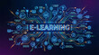 © Ajay - A futuristic digital illustration of e-learning with glowing blue circuits and icons on a dark background
