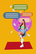 © deagreez - Art image vertical photo collage of happy hipster girl hold phone send message paper plane networking communication chatterbox