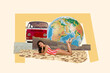 © deagreez - Sketch template design 3D collage composite of vacation summer season tourist agency young sexy lady lying sand car transport world earth