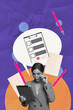 © deagreez - Poster image art vertical photo collage of shocked businesswoman hold tablet cv bubble notification recruitment pen vacancy
