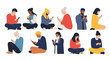 © Sayed - Diverse group of people in various poses sit or stand while focused on using their smartphones in this contemporary vector illustration.