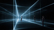 © Lustre Art Group  - Futuristic mixed media people inside digital light grid. Concept of virtual reality environments, data visualization, immersive spaces, technology presentations, and digital transformation visuals.